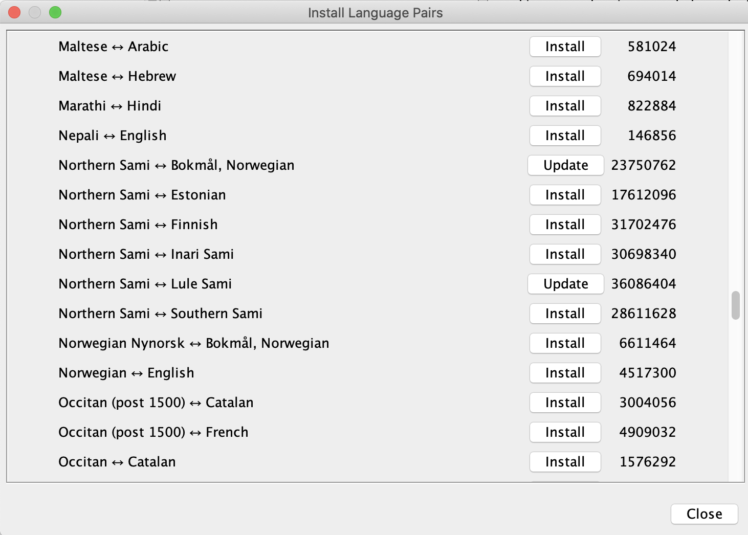 Install Language Pairs window